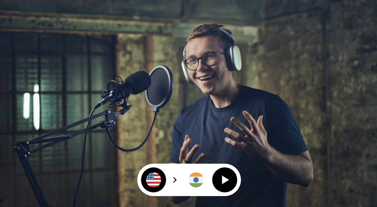 A man recording a podcast with icons showing translation.